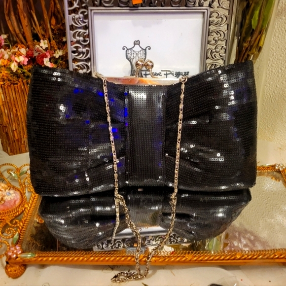 Sale VINTAGE LULU TOWNSEND evening formal dressy sequined bow clamshell purse - Picture 6 of 9